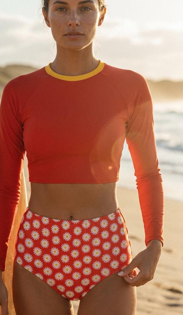 Red with Retro Daisies, Two-Piece Swimsuit, Long Sleeve Crop Rash Guard