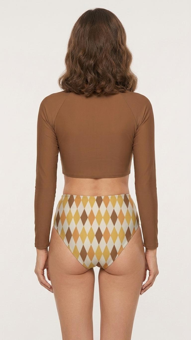 Brown Harlequin, Two-Piece Swimsuit, Long Sleeve Crop Rash Guard