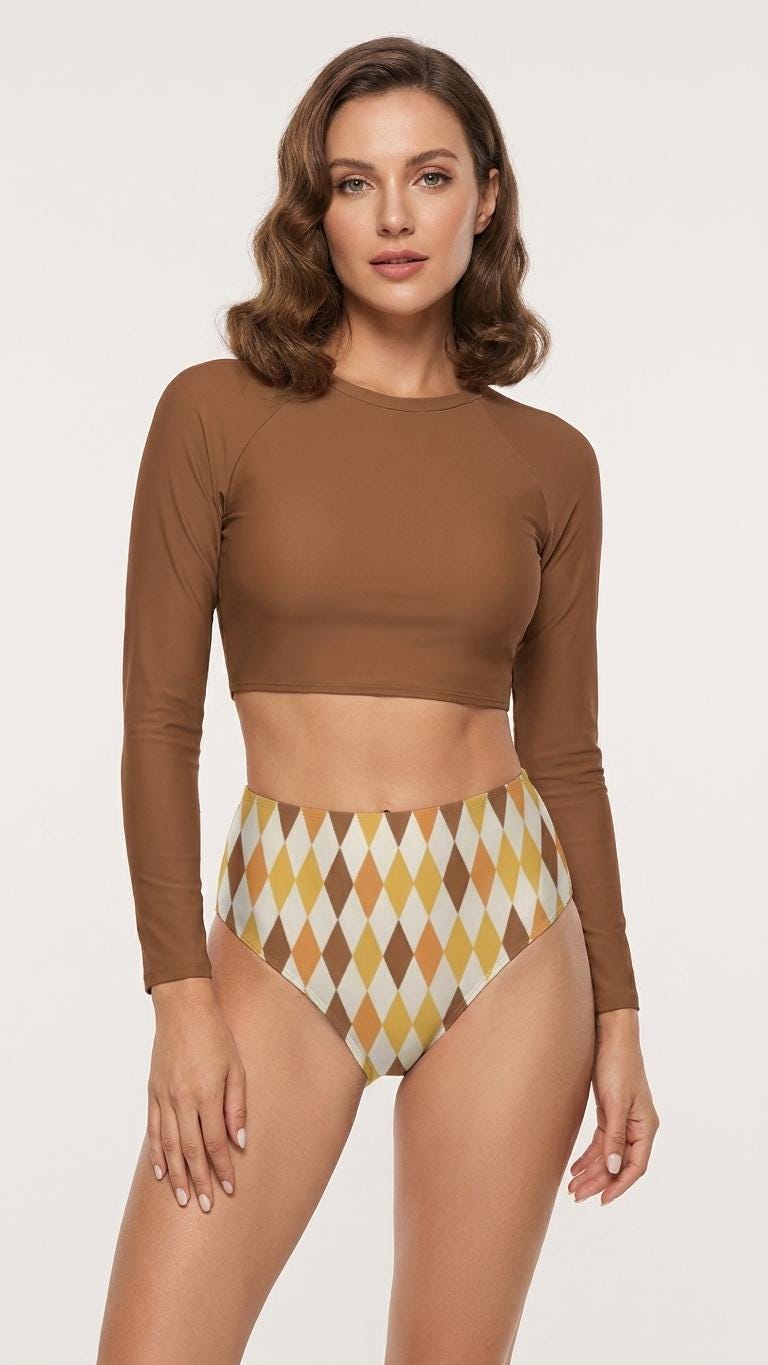 Brown Harlequin, Two-Piece Swimsuit, Long Sleeve Crop Rash Guard