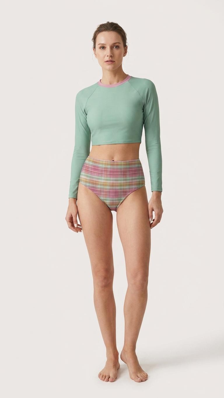 Minty Plaid, Two-Piece Swimsuit, Long Sleeve Crop Rash Guard