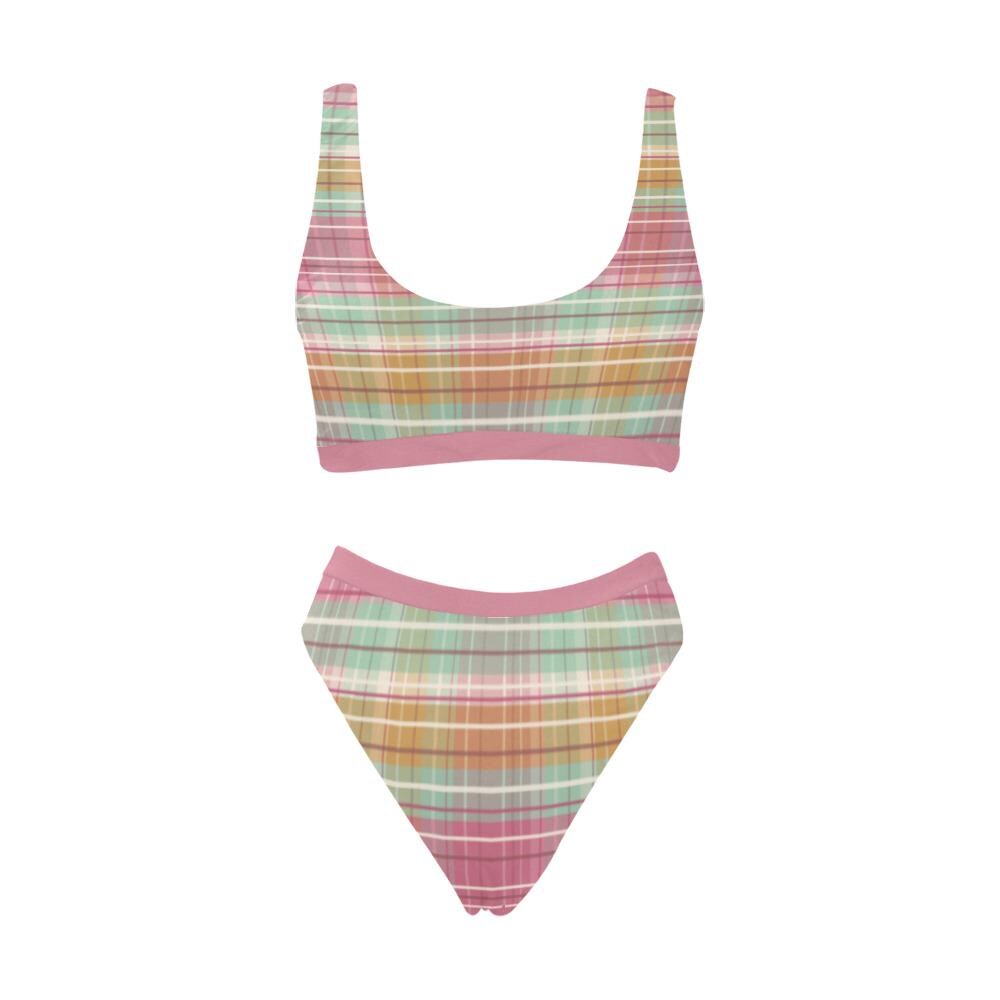 Mint & Rose Plaid Sporty Classic Bikini – High-Waist High-Leg Swimsuit, Scoop-Neck Crop-Top