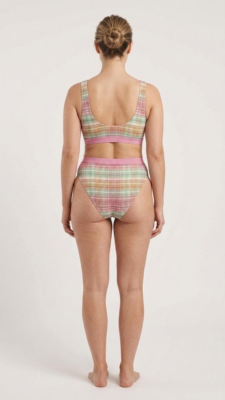 Mint & Rose Plaid Sporty Classic Bikini – High-Waist High-Leg Swimsuit, Scoop-Neck Crop-Top