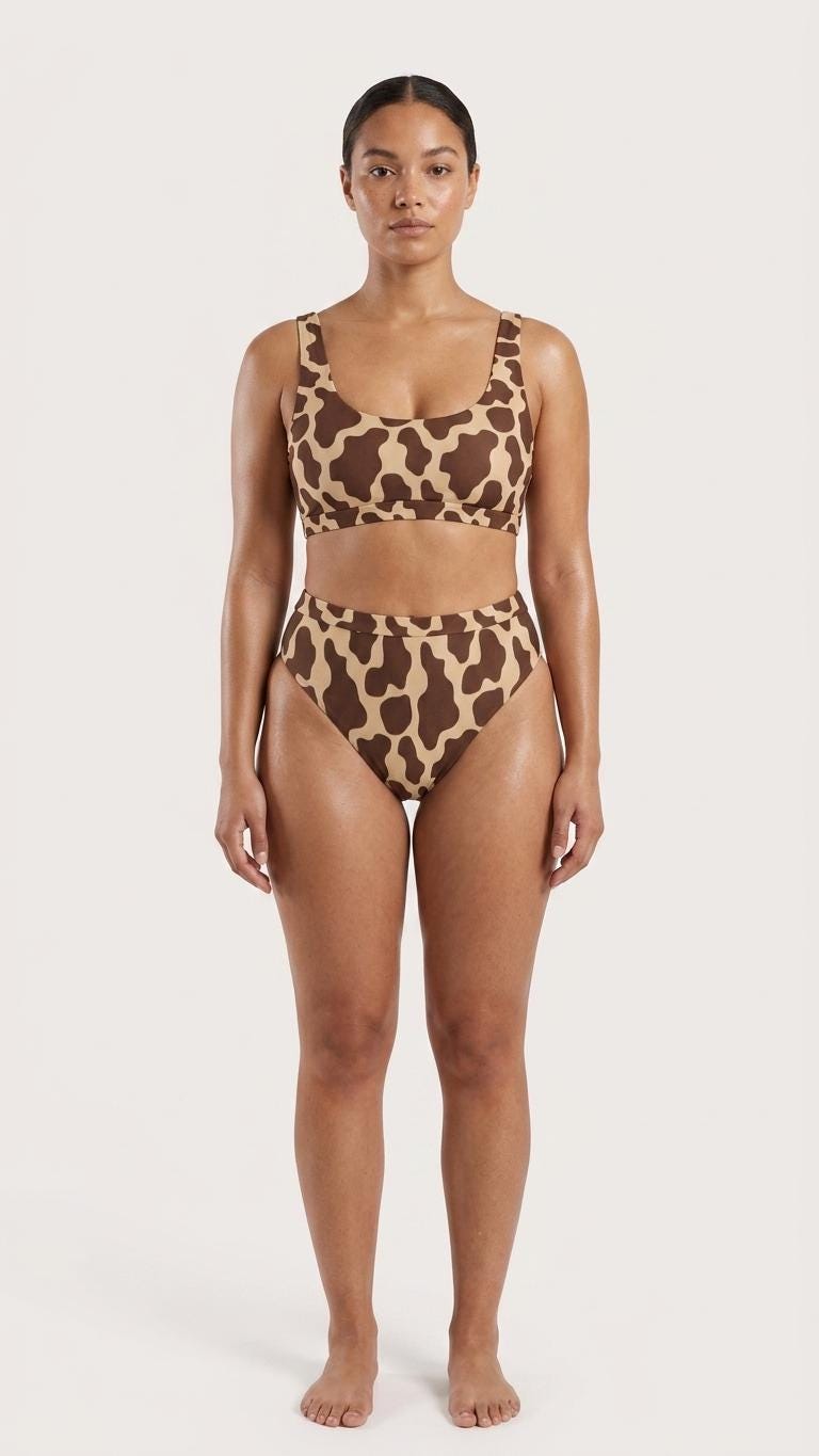 1970s Brown Cowhide Sporty Sexy Bikini – High-Waisted Swimsuit, Scoop-Neck Crop-Top, Flattering High-Leg