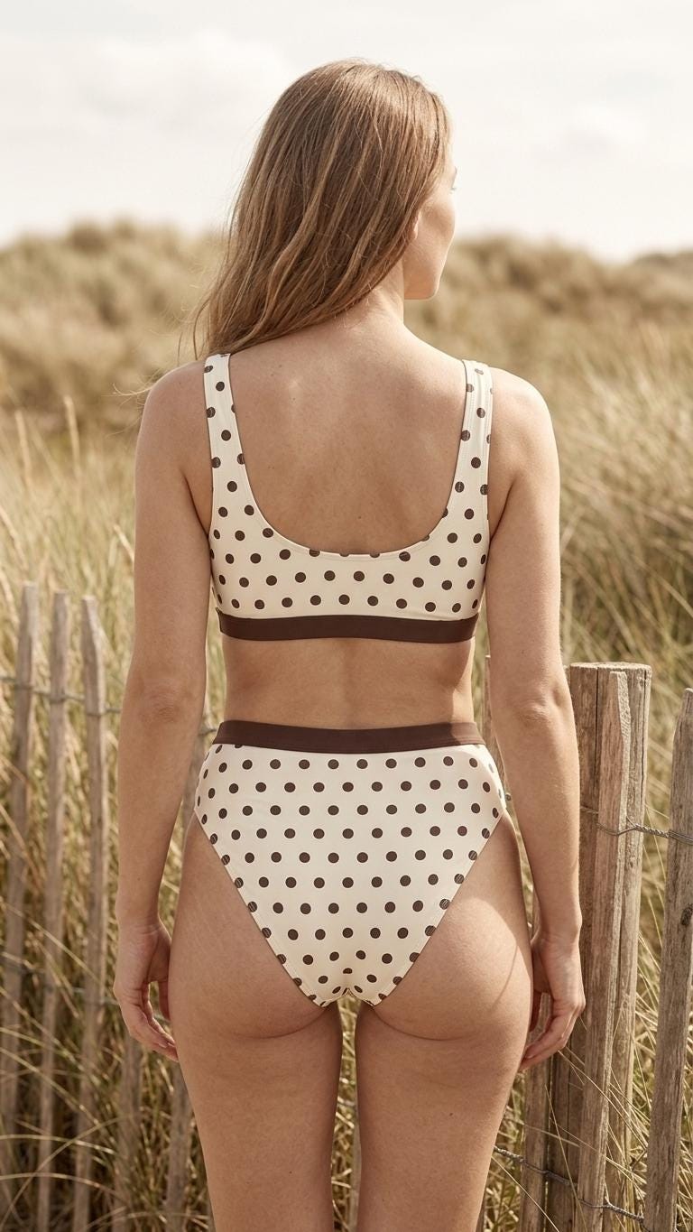Ivory & Chocolate Brown Polka Dot Sporty Classic Bikini – High-Waist High-Leg Swimsuit, Scoop-Neck Crop-Top