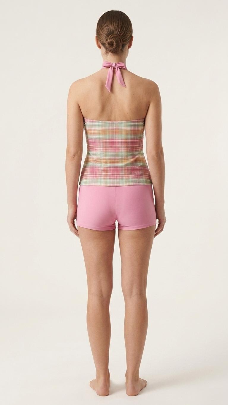 Halter Tankini Boyshorts Swimwear Set | Two-Piece Flattering Swimsuit | Delicate Mint & Pink Plaid