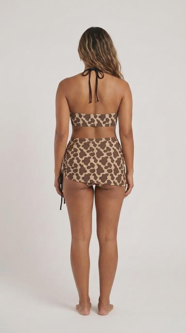 Halter Drawstring Three-Piece Swimsuit with Beach Skirt, Pin-Up Retro Vibe, 1970s Brown Cowhide Print
