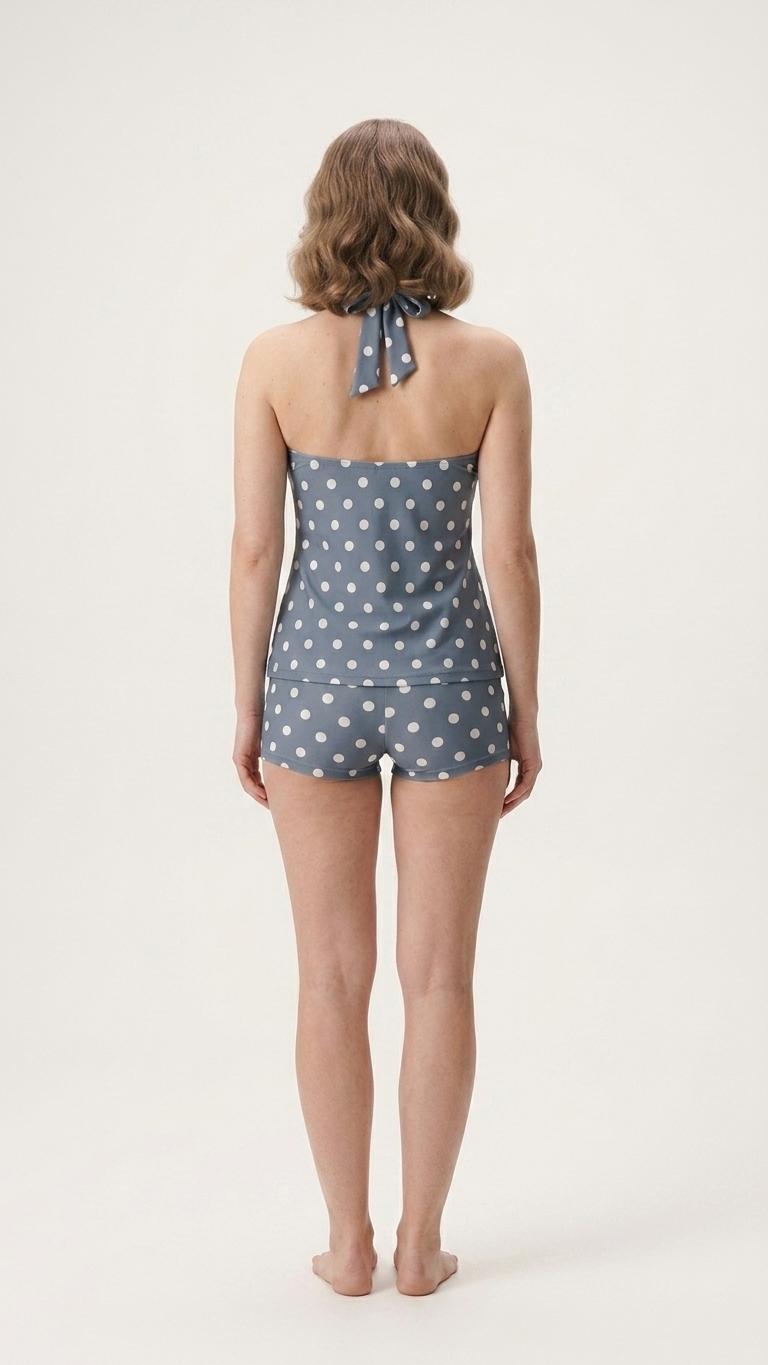 Halter Tankini Boyshorts Swimwear Set | Two-Piece Flattering Swimsuit | Blue Polka Dot