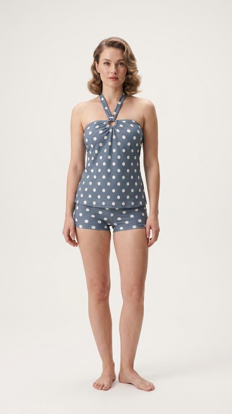 Halter Tankini Boyshorts Swimwear Set | Two-Piece Flattering Swimsuit | Blue Polka Dot
