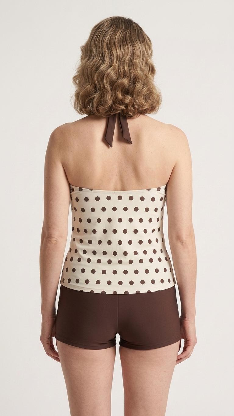 Halter Tankini Boyshorts Swimwear Set | Two-Piece Flattering Swimsuit | Ivory & Brown Polka Dot