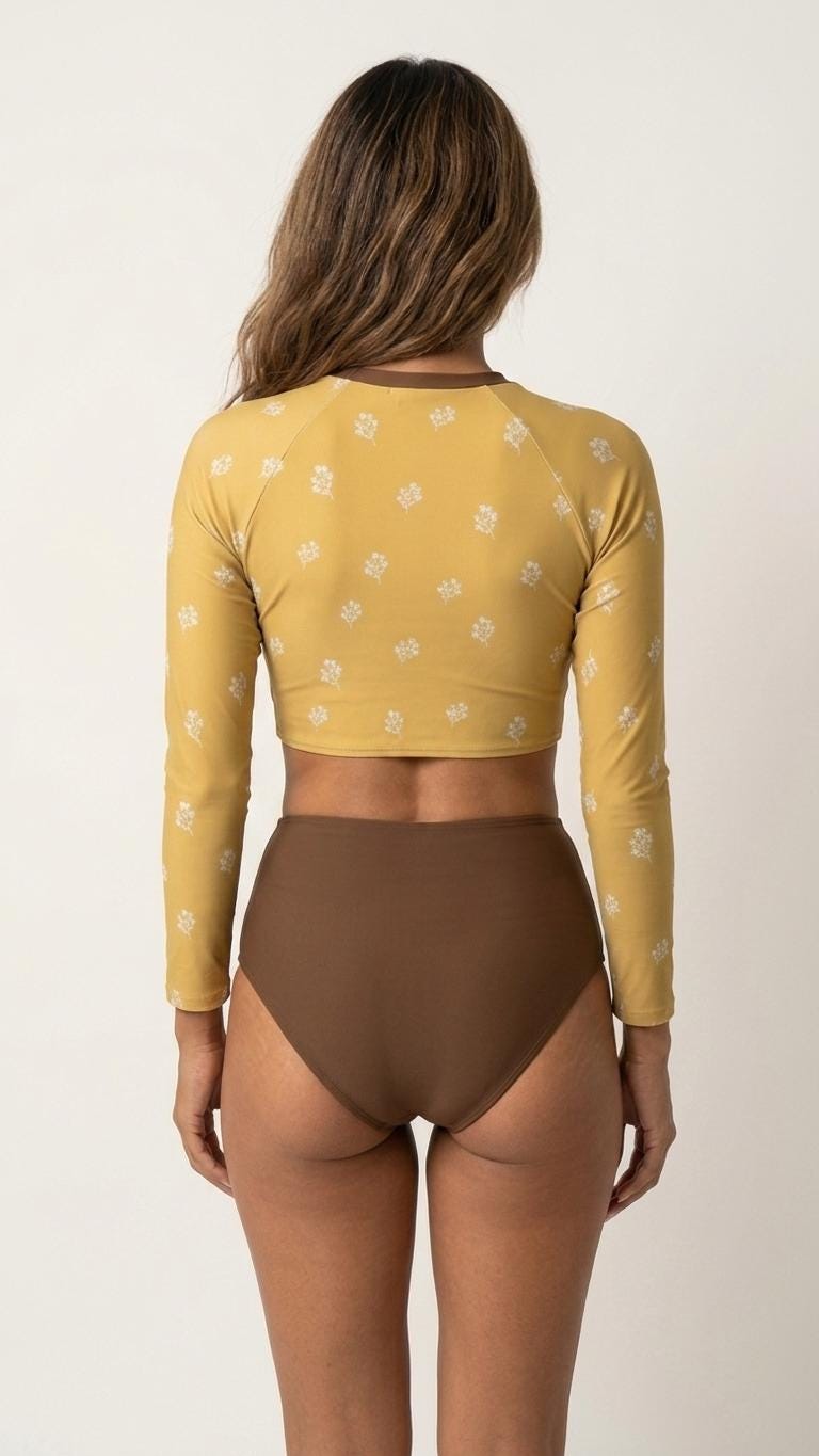 Retro Brown & Yellow Floral Two-Piece Swimsuit, Long Sleeve Crop Rash Guard