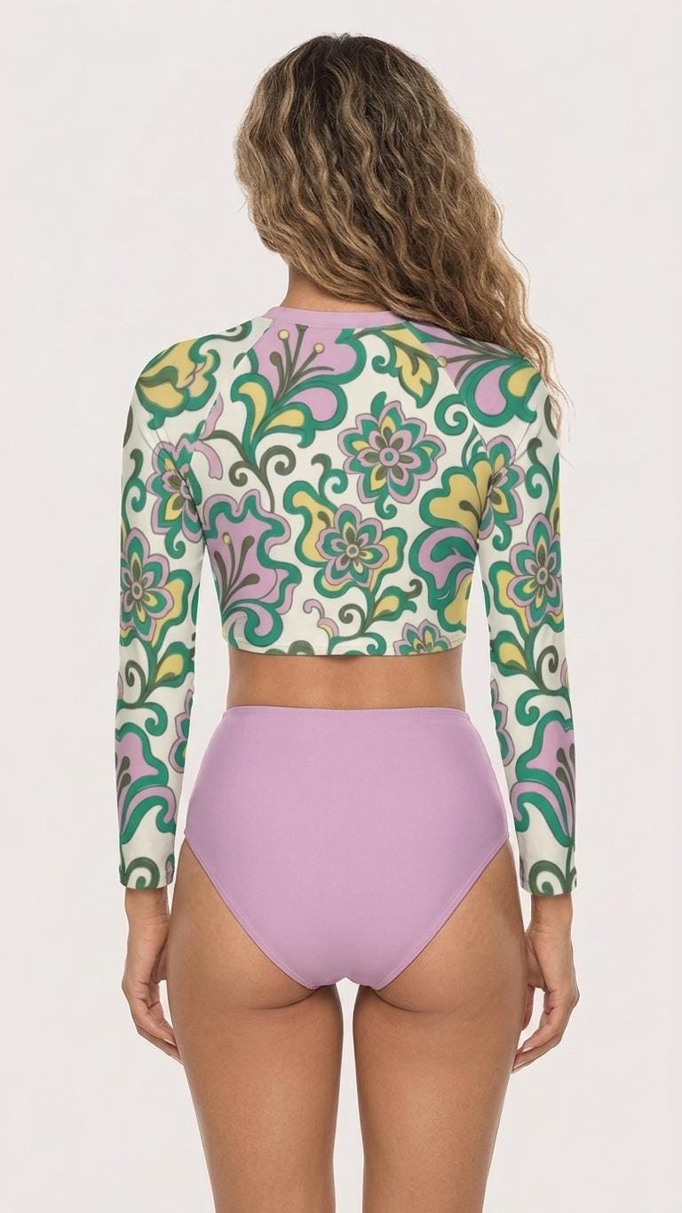 Delicate Retro Florals with Violet, Two-Piece Swimsuit, Long Sleeve Crop Rash Guard