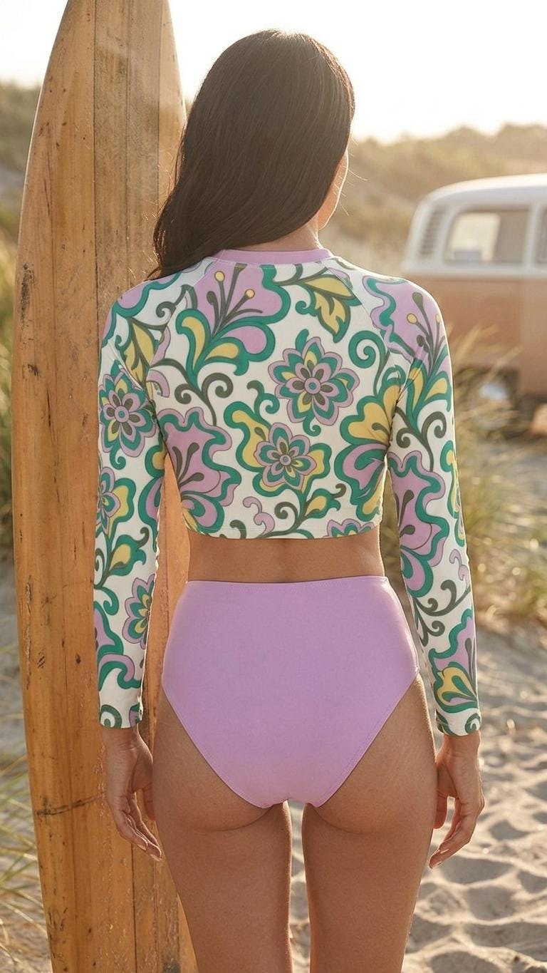 Delicate Retro Florals with Violet, Two-Piece Swimsuit, Long Sleeve Crop Rash Guard