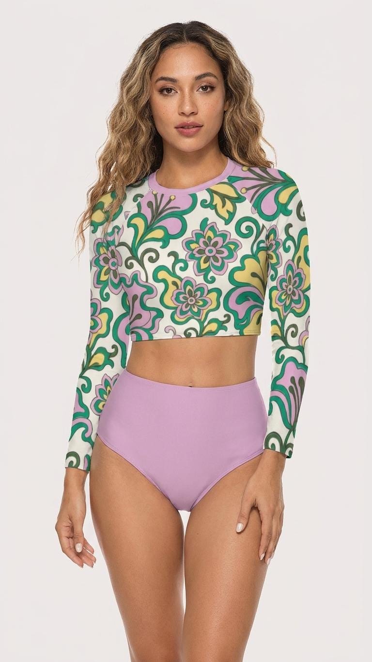 Delicate Retro Florals with Violet, Two-Piece Swimsuit, Long Sleeve Crop Rash Guard