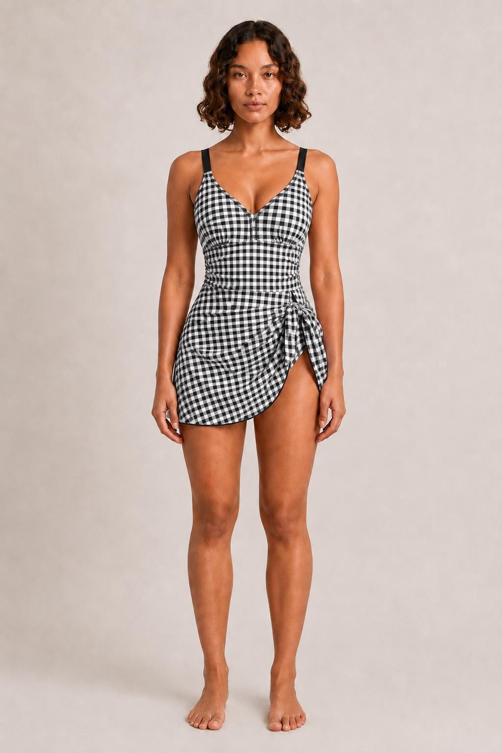 Retro Swim Dress, Integrated Bottoms & Adjustable Straps, Vintage-Inspired Modest One-Piece Romper, Black Gingham