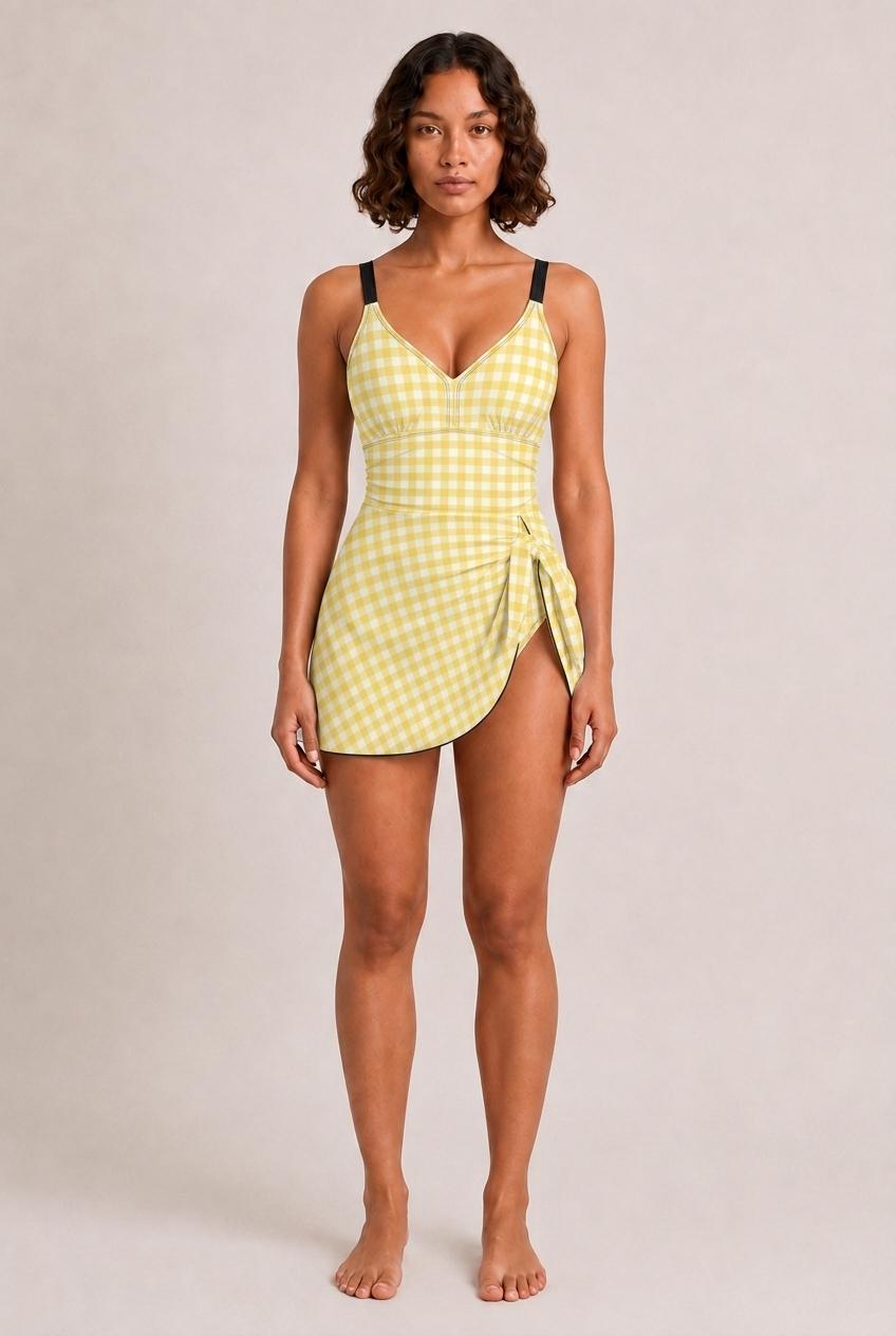 Retro Swim Dress, Integrated Bottoms & Adjustable Straps, Vintage-Inspired Modest One-Piece Romper, Yellow Gingham