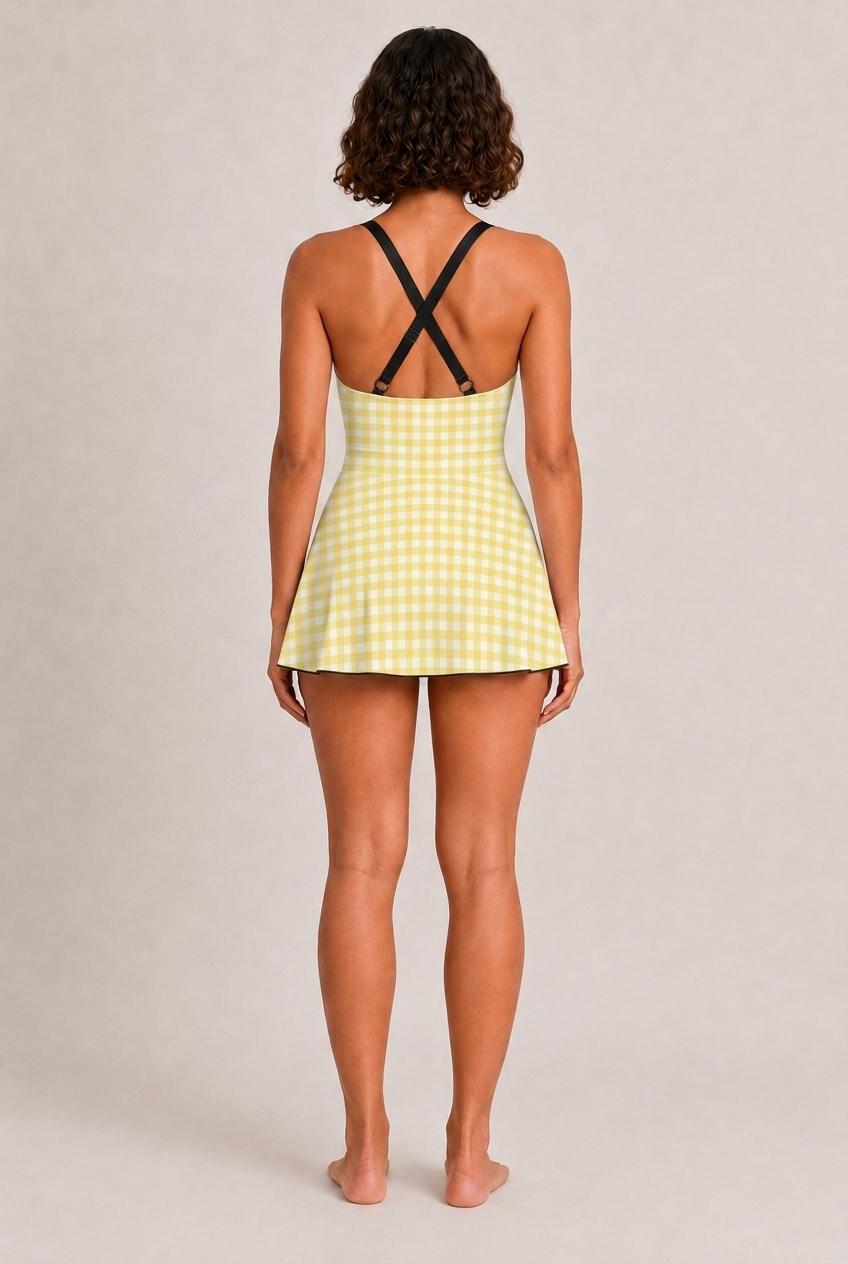 Retro Swim Dress, Integrated Bottoms & Adjustable Straps, Vintage-Inspired Modest One-Piece Romper, Yellow Gingham
