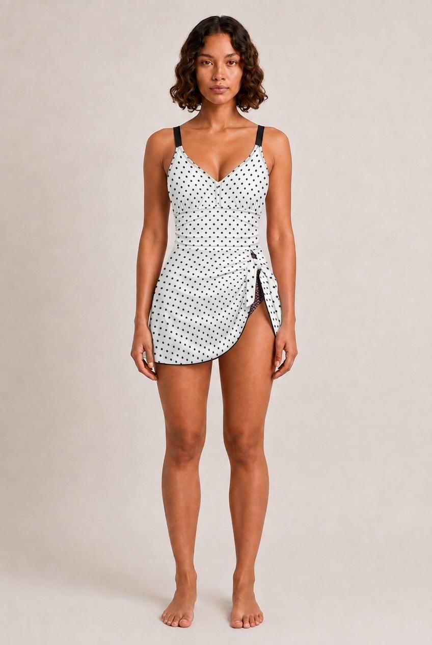Retro Swim Dress, Integrated Bottoms & Adjustable Straps, Vintage-Inspired Modest One-Piece Romper, White Polka Dot
