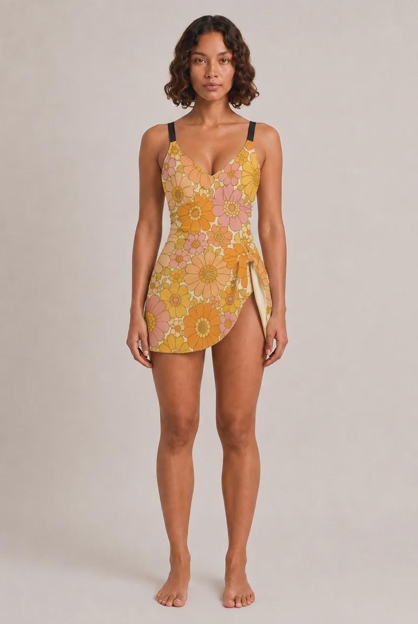 Retro Swim Dress, Integrated Bottoms & Adjustable Straps, Vintage-Inspired Modest One-Piece Romper, Groovy Florals
