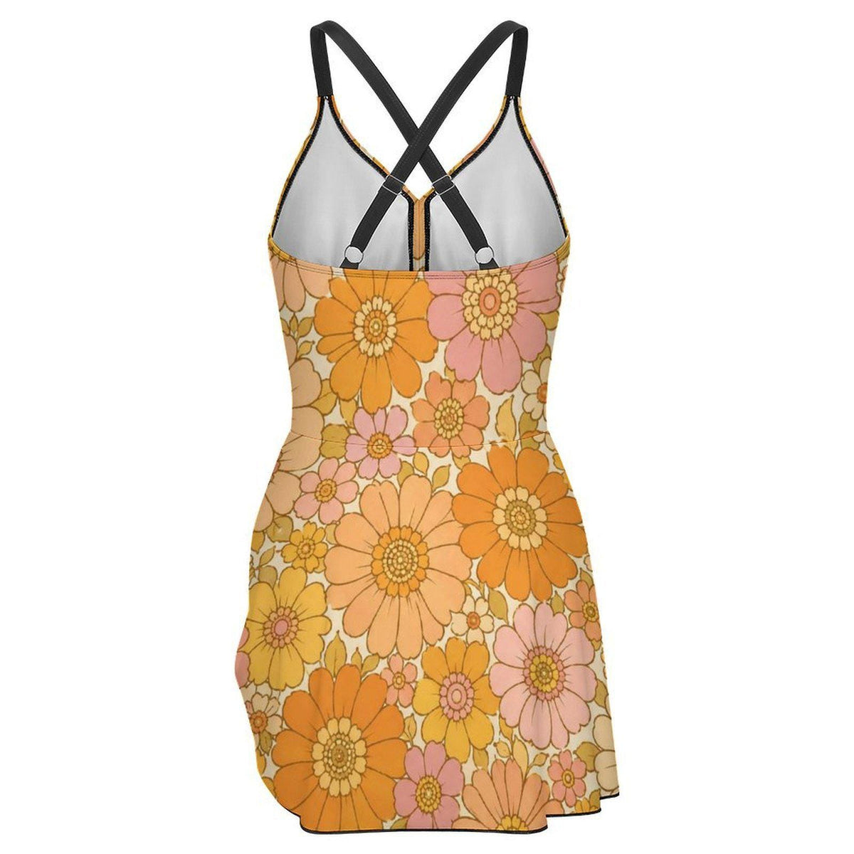Retro Swim Dress, Integrated Bottoms & Adjustable Straps, Vintage-Inspired Modest One-Piece Romper, Groovy Florals