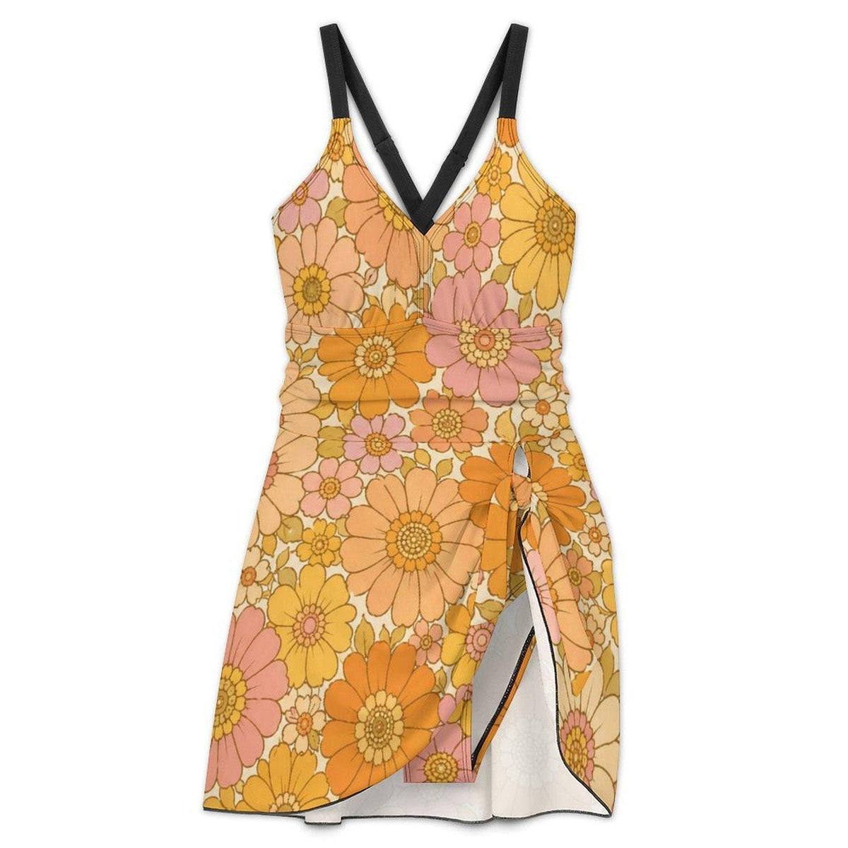 Retro Swim Dress, Integrated Bottoms & Adjustable Straps, Vintage-Inspired Modest One-Piece Romper, Groovy Florals