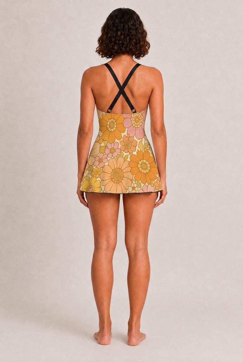 Retro Swim Dress, Integrated Bottoms & Adjustable Straps, Vintage-Inspired Modest One-Piece Romper, Groovy Florals