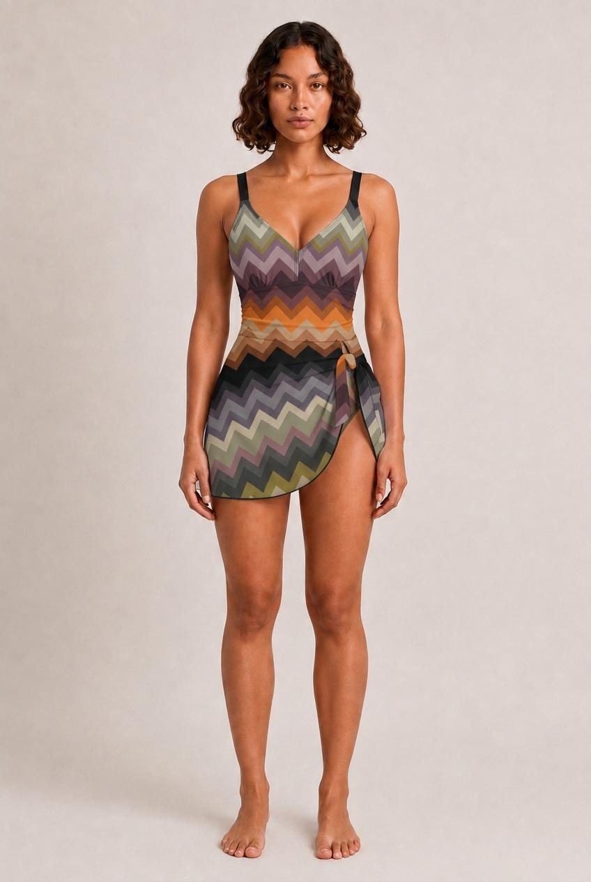 Retro Swim Dress, Integrated Bottoms & Adjustable Straps, Vintage-Inspired Modest One-Piece Romper, Dark Chevron