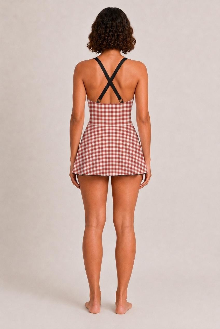 Retro Swim Dress, Integrated Bottoms & Adjustable Straps, Vintage-Inspired Modest One-Piece Romper, Red Gingham