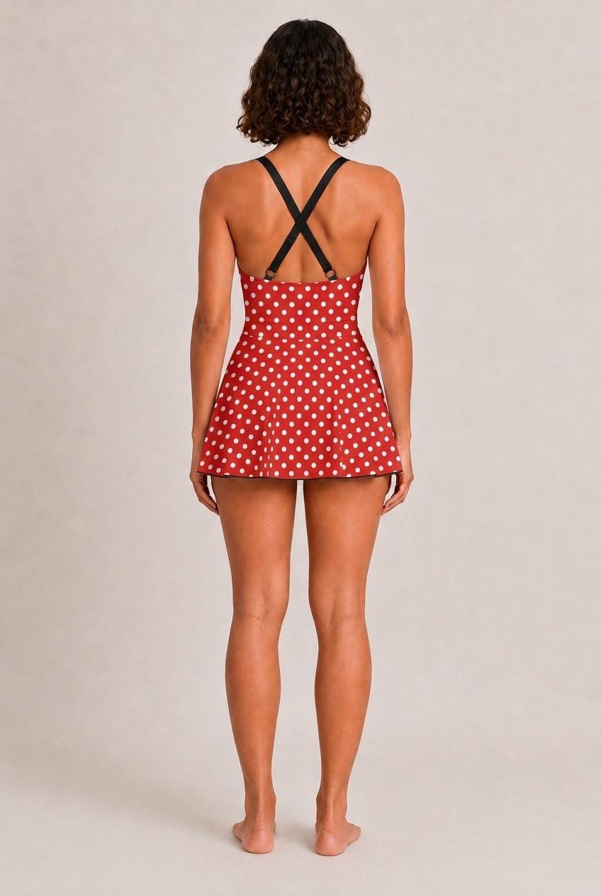 Retro Swim Dress, Integrated Bottoms & Adjustable Straps, Vintage-Inspired Modest One-Piece Romper, Red Polka Dot