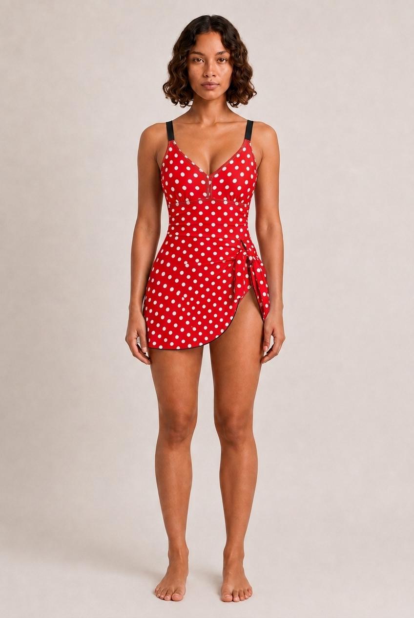 Retro Swim Dress, Integrated Bottoms & Adjustable Straps, Vintage-Inspired Modest One-Piece Romper, Red Polka Dot