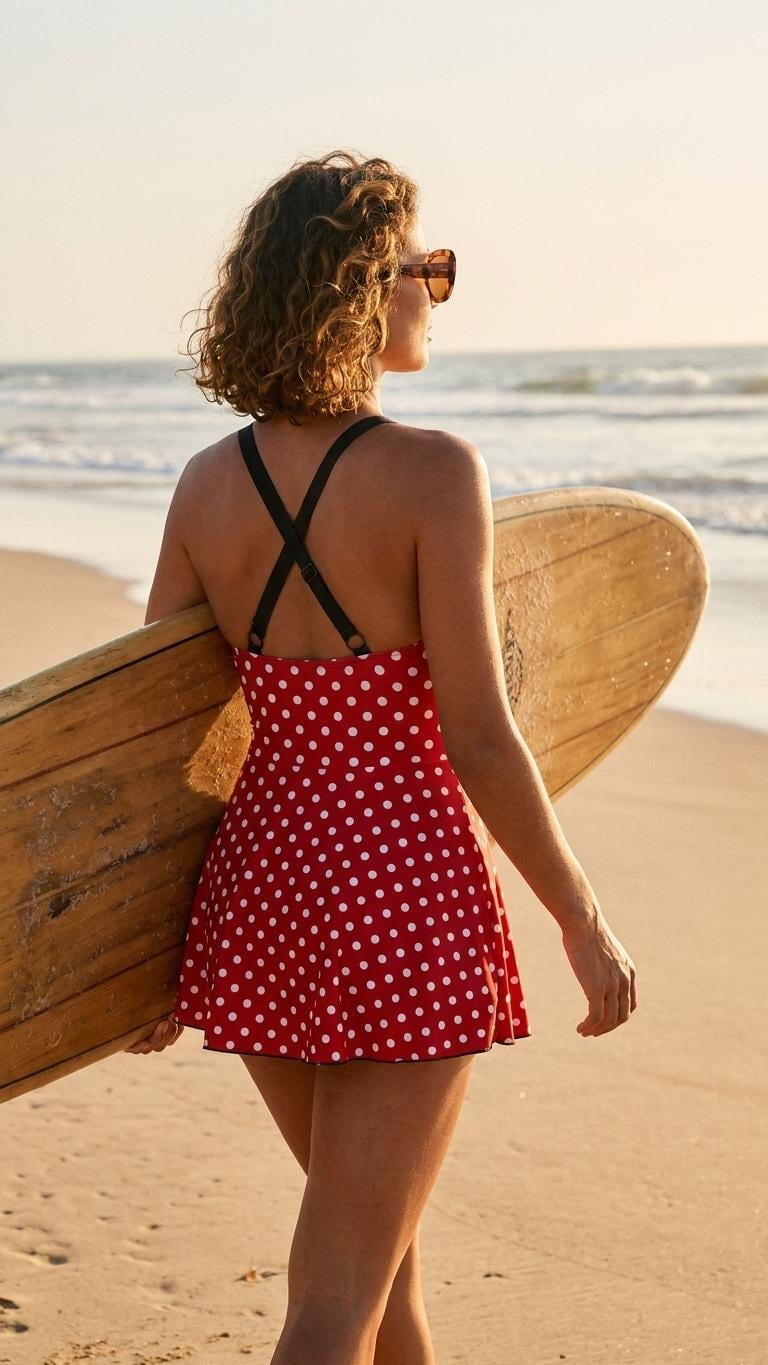 Retro Swim Dress, Integrated Bottoms & Adjustable Straps, Vintage-Inspired Modest One-Piece Romper, Red Polka Dot