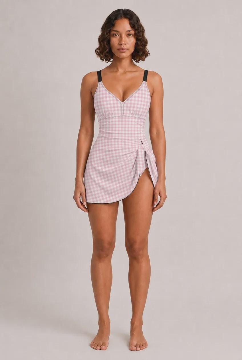 Retro Swim Dress, Integrated Bottoms & Adjustable Straps, Vintage-Inspired Modest One-Piece Romper, Pink Gingham