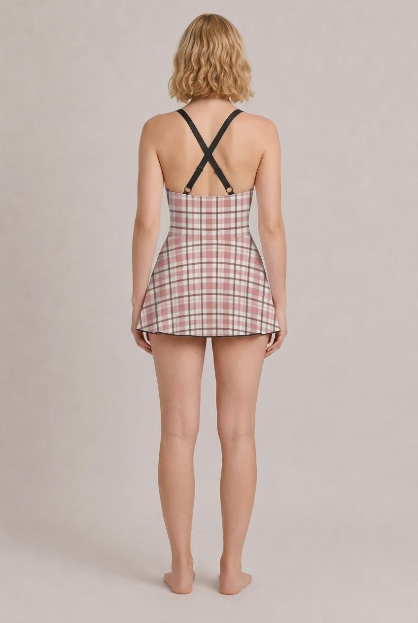 Pink & Brown Retro Swim Dress, Brown Integrated Bottoms, Adjustable Straps, Vintage-Inspired Modest One-Piece Romper