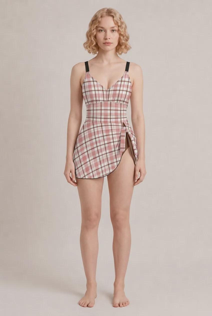 Pink & Brown Retro Swim Dress, Brown Integrated Bottoms, Adjustable Straps, Vintage-Inspired Modest One-Piece Romper