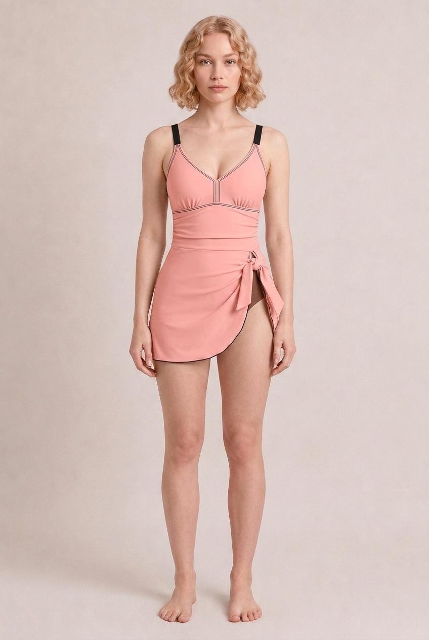 Retro Swim Dress in Pink, Integrated Brown Bottoms & Adjustable Straps, Vintage-Inspired Modest One-Piece Romper