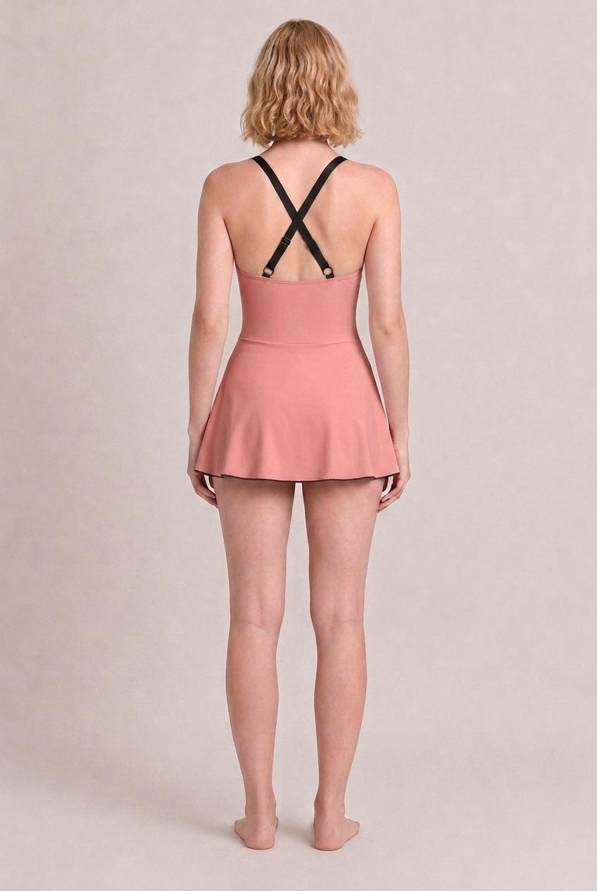 Retro Swim Dress in Pink, Integrated Brown Bottoms & Adjustable Straps, Vintage-Inspired Modest One-Piece Romper