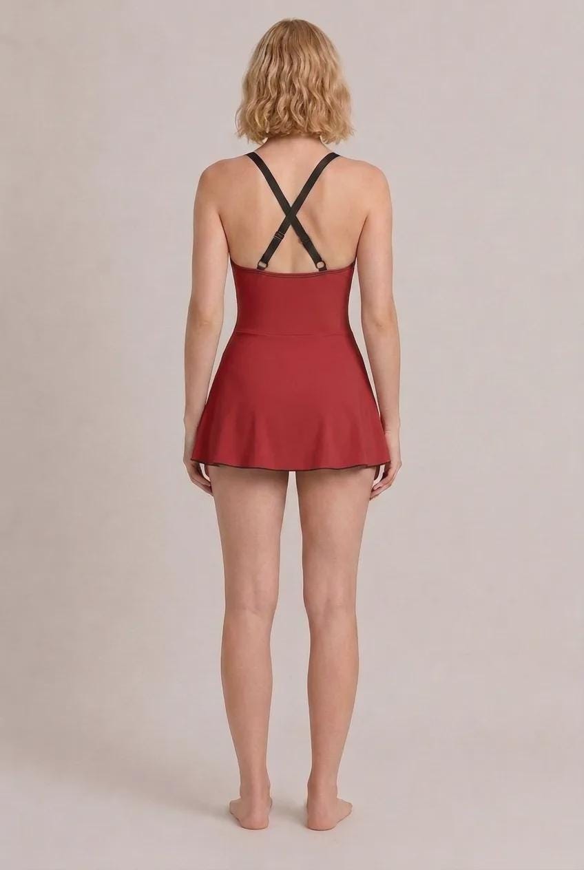 Retro Swim Dress in Red, Integrated Brown Bottoms & Adjustable Straps, Vintage-Inspired Modest One-Piece Romper