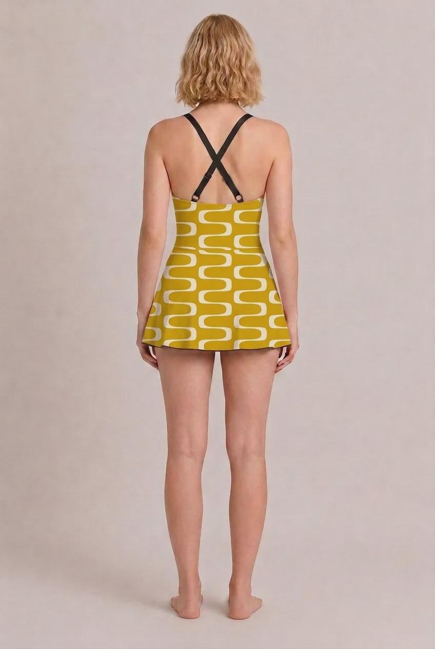 Retro Swim Dress, Integrated Brown Bottoms & Adjustable Straps, Vintage-Inspired Modest One-Piece, Mod Mustard Pattern