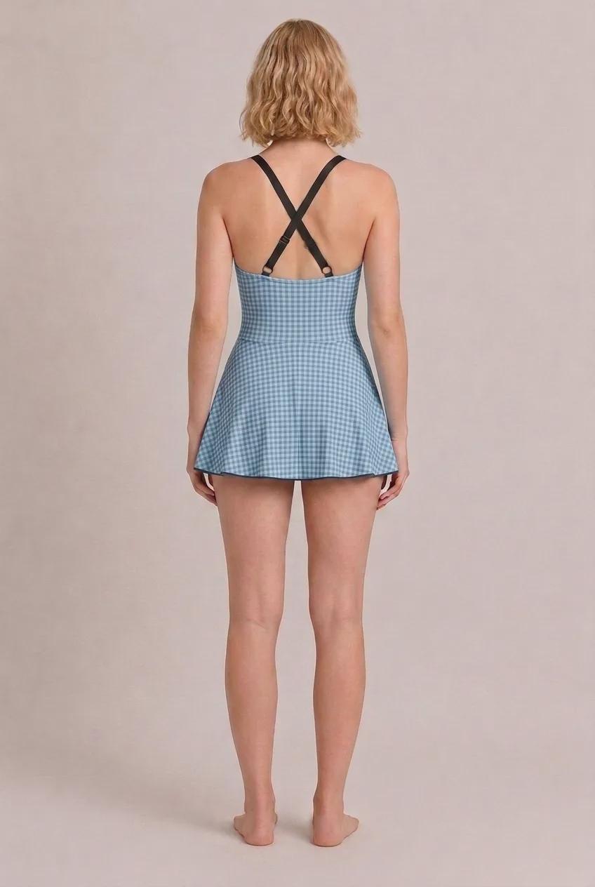 Retro Swim Dress, Integrated Bottoms & Adjustable Straps, Vintage-Inspired Modest One-Piece Romper, Blue Gingham