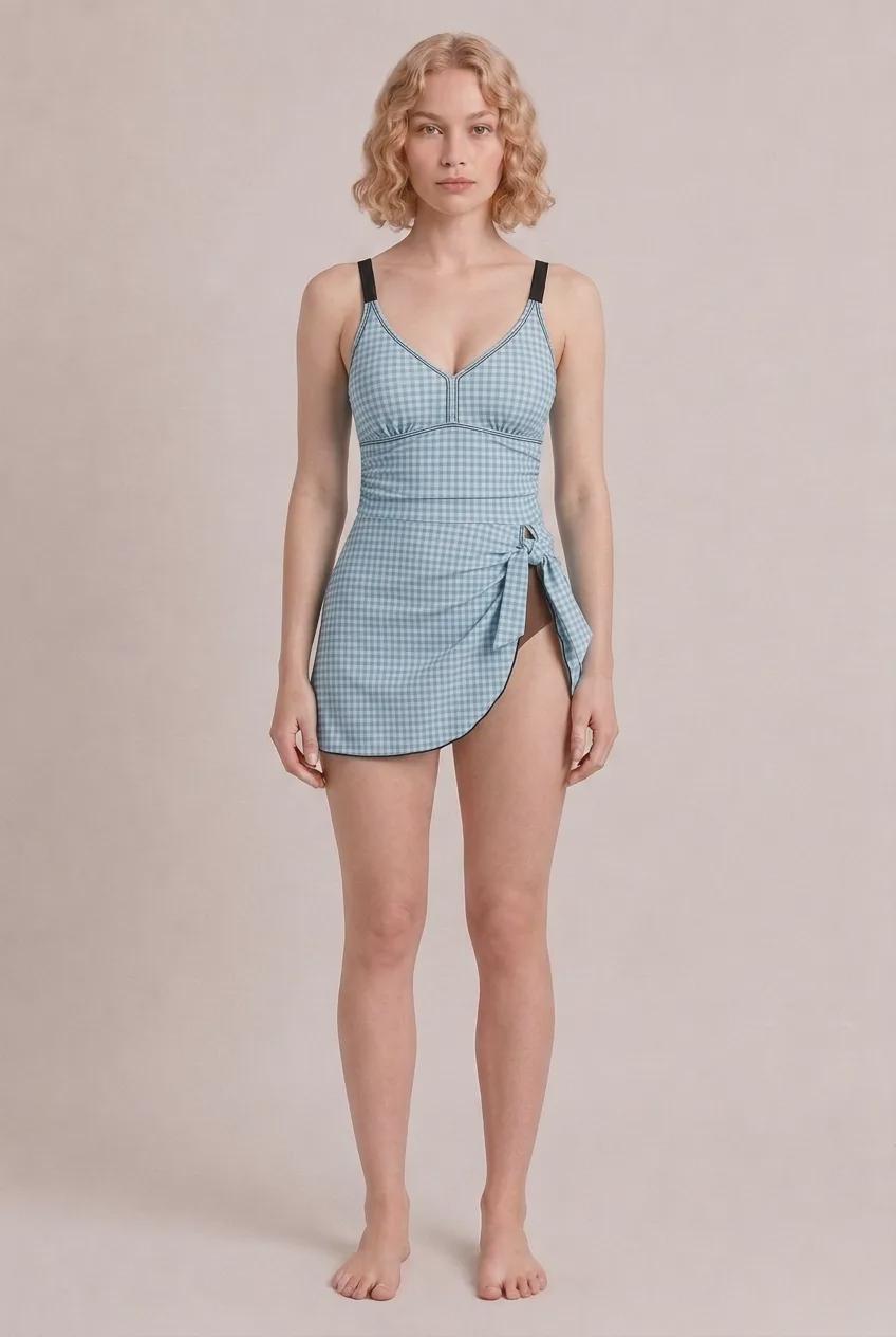 Retro Swim Dress, Integrated Bottoms & Adjustable Straps, Vintage-Inspired Modest One-Piece Romper, Blue Gingham