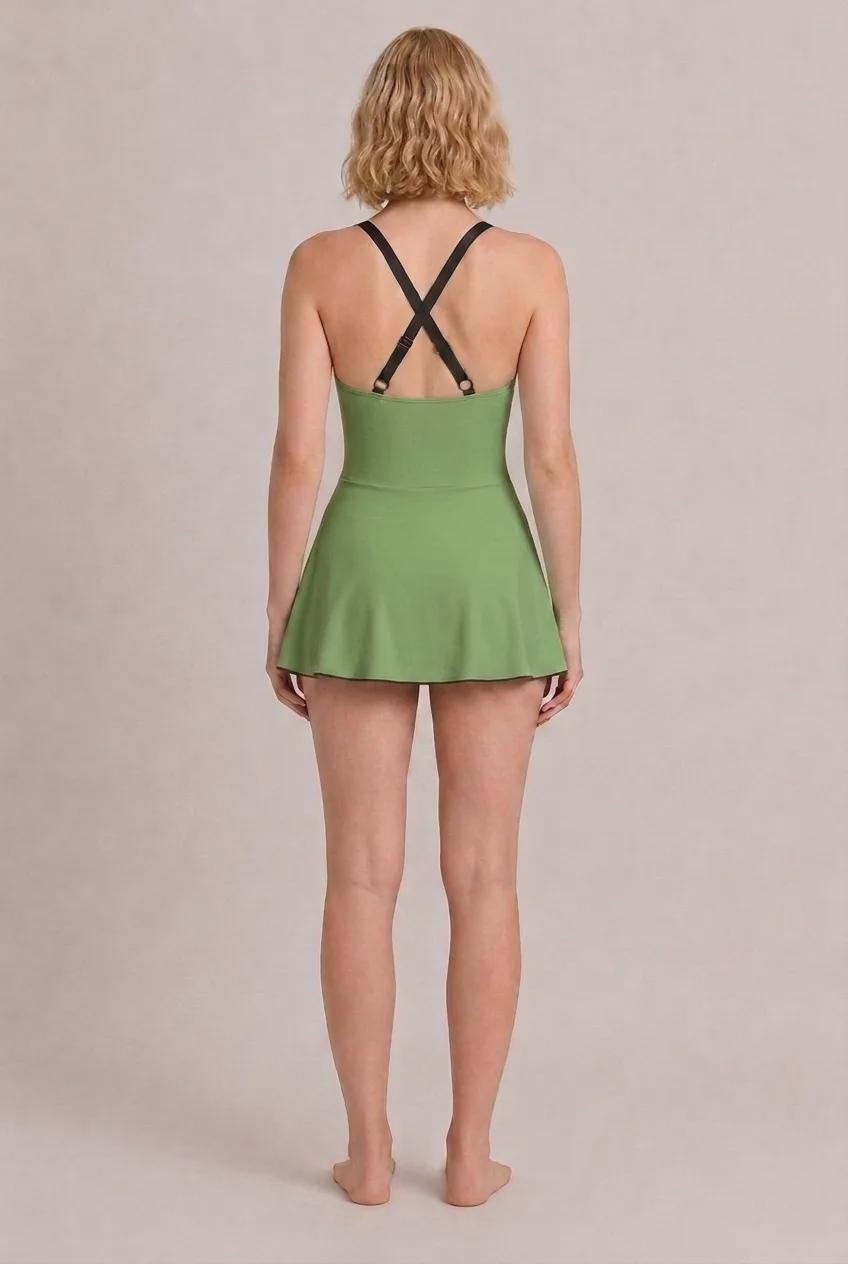Retro Swim Dress in Green, Integrated Brown Bottoms & Adjustable Straps, Vintage-Inspired Modest One-Piece Romper