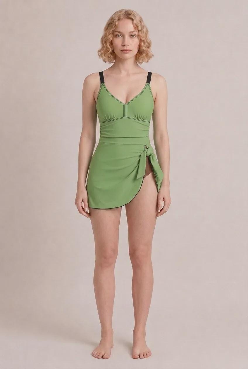 Retro Swim Dress in Green, Integrated Brown Bottoms & Adjustable Straps, Vintage-Inspired Modest One-Piece Romper