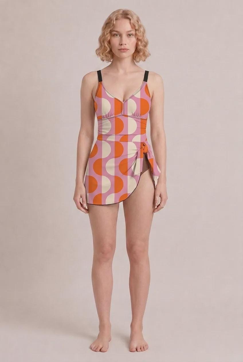 Retro Swim-Dress, Integrated Brown Bottoms & Adjustable Straps, Modest One-Piece, Mod Pattern, Pink and Orange