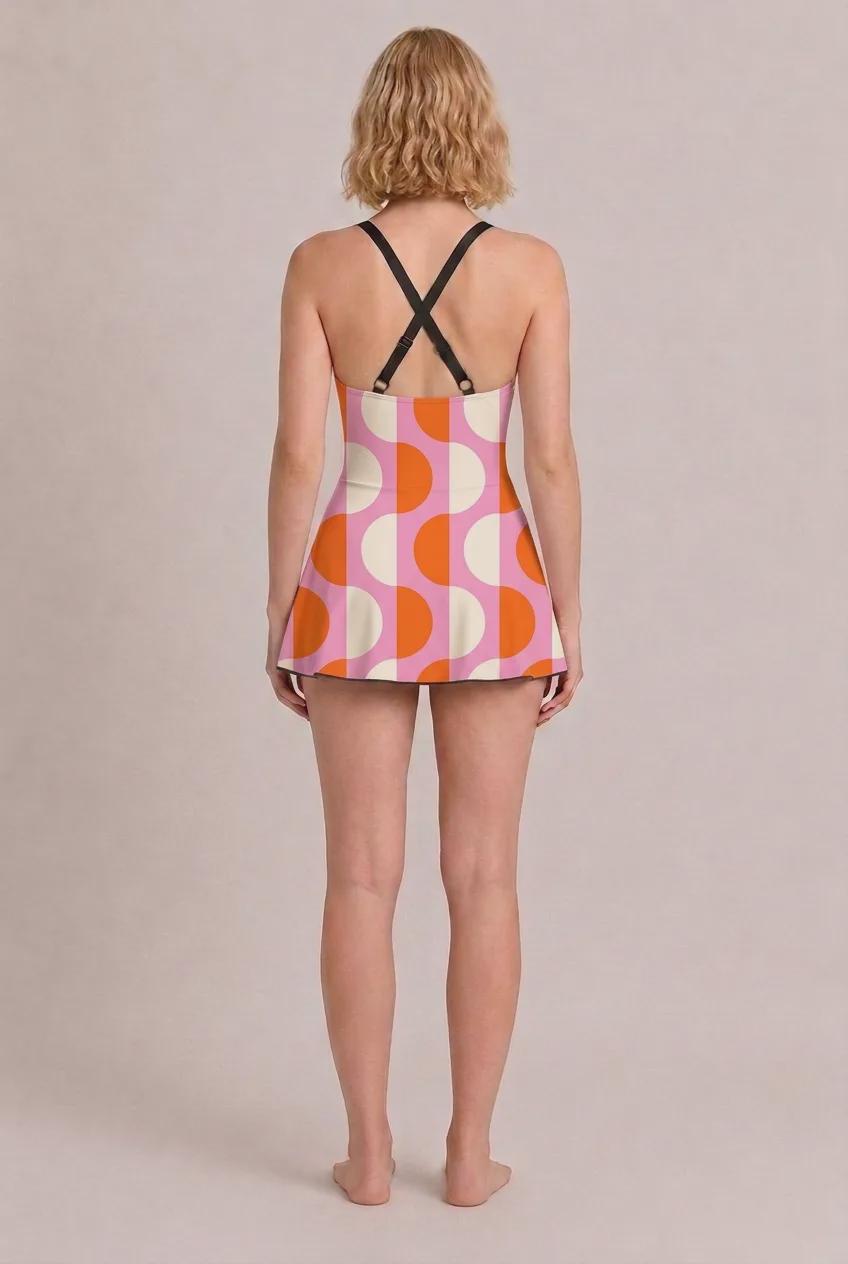 Retro Swim-Dress, Integrated Brown Bottoms & Adjustable Straps, Modest One-Piece, Mod Pattern, Pink and Orange