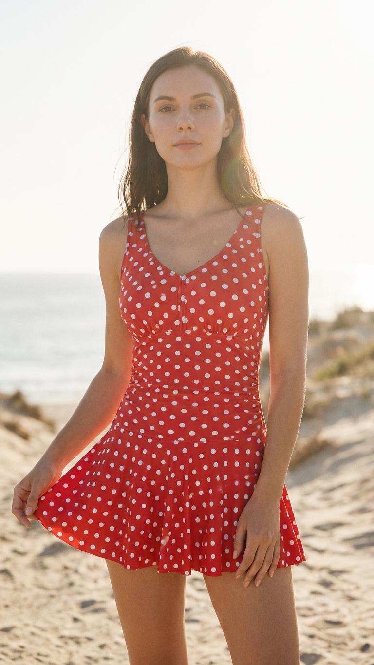 Retro Pleated Swim Dress with Matching Bottoms, Vintage-Inspired Modest Tankini, Red Polka-Dot