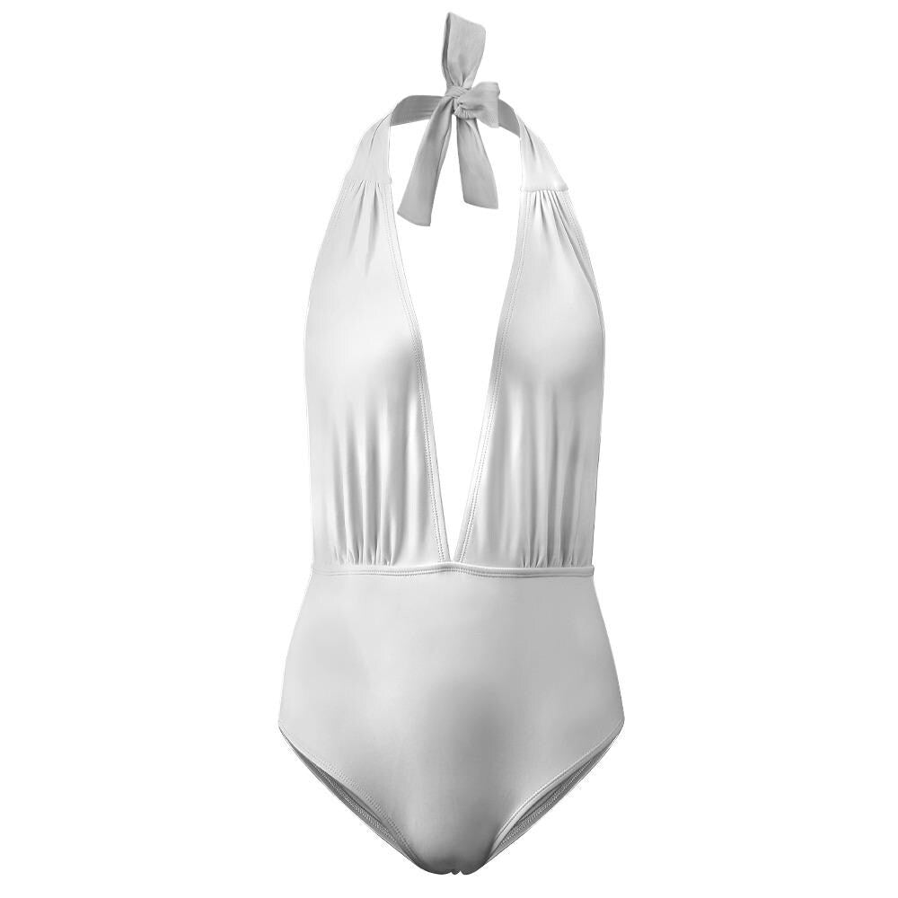 Monroe Retro Deep V Plunge Halter One-Piece Swimsuit - High-Waist Sexy Swimwear - White