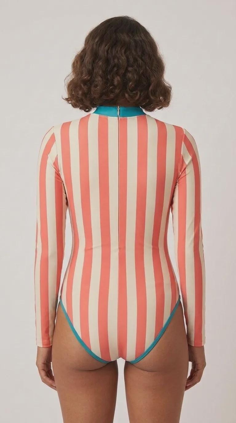 Retro Look Long-Sleeve One-Piece Swimsuit - Back-Zipper - Lightweight - Coral Pink Stripes