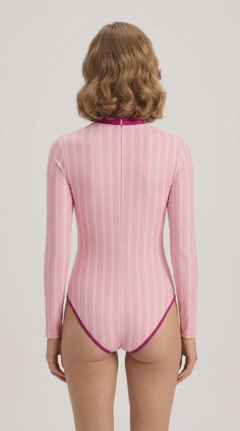 Retro Look Long-Sleeve One-Piece Swimsuit - Back-Zipper - Lightweight - Pink Pastel Stripes