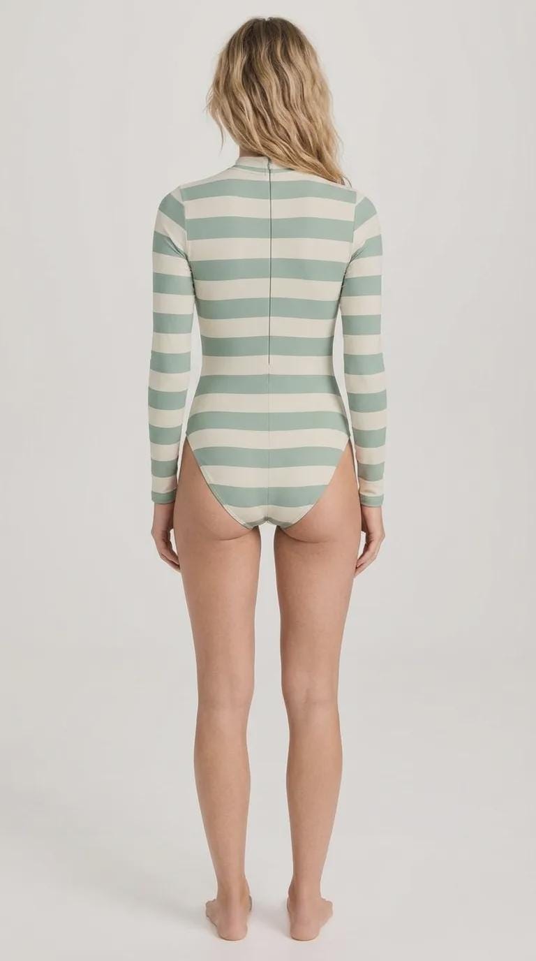 Retro Long-Sleeve One-Piece Swimsuit - Back Zipper - Lightweight - Soft Chest Pads - Sage Green / White Stripy