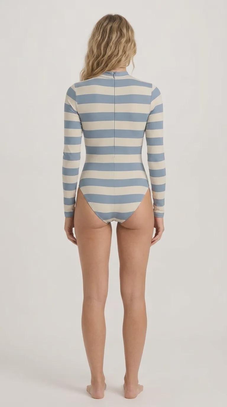 Retro Long-Sleeve One-Piece Swimsuit - Back Zipper - Lightweight & Sheer, Soft Chest Pads - Blue Stripes