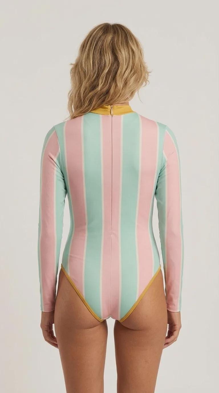 Retro Look Long-Sleeve One-Piece Swimsuit - Back-Zipper - Lightweight - Pastel Stripes